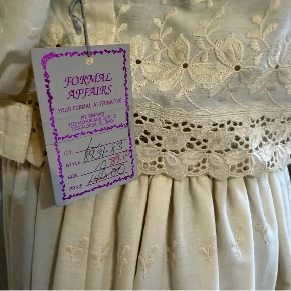 Vintage 80s Eyelet Prairie Bridal Dress Ivory Puff Sleeve Formal Cottagecore - Picture 12 of 16